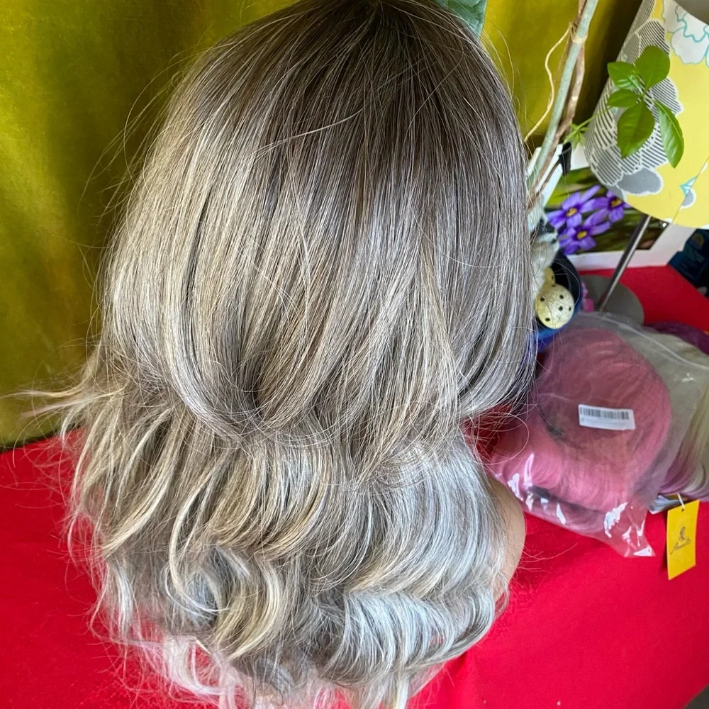 Ash tones brunette blonde wig with bangs